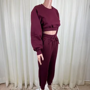 Zenana 2 Pcs Crop Sweatshirt Tracksuit Jogger Pants Set Outfit Active Loungewear LG Burgundy thumbnail 4