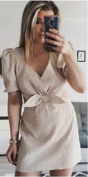 Zara Beige Checkered Mini Dress thumbnail 1