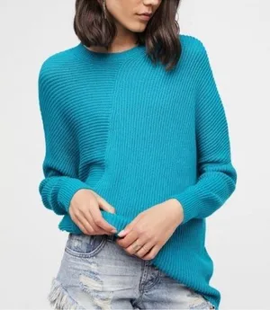 Free People Downtown Teal Blue Knit Asymmetrical Pullover Sweater thumbnail 1