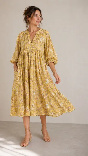 Sundry Anthropologie Floral 3/4 Sleeve Midi Dress Yellow Size 2 thumbnail 1
