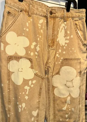New Boutique Western Boho Button Fly Floral Jeans In Tan Combo Material: Cotton Size: 28 approx 15 inch flat and 28 inch Inseam thumbnail 4