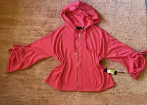 Donna Karan Active Pink Zip Hoodie Bell Sleeves Drawstring Cuffs Women’s M thumbnail 1