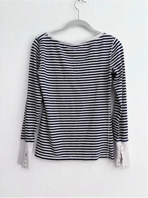 Women's Outlook Long Sleeve Striped Tee, Size L, White and Navy Blue Cotton thumbnail 2