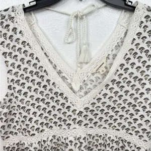 Lucky Brand Blouse Size L White Floral Crochet Trim Patterned Boho Babydoll Top thumbnail 3