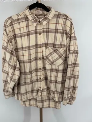 Dizzy Lizzy Plaid Flannel Button Down Shirt Large Cream thumbnail 1