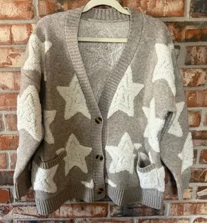 Cozy Star Pattern Cardigan Sweater - Taupe & Cream thumbnail 1