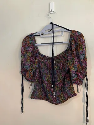 Free People Floral Puff-Sleeve Crop Top in Multi Colors thumbnail 4