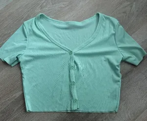 Mint Green Ribbed Button-Front Crop Top Size S thumbnail 1