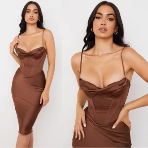 House of CB • Myrna Chocolate Satin Corset Slip Dress brown bustier boned bodice thumbnail 4