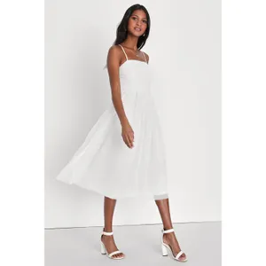 NWOT Lulus Darling Sweetheart White Swiss Dot Ruched Midi Dress Bridal Classy S thumbnail 3
