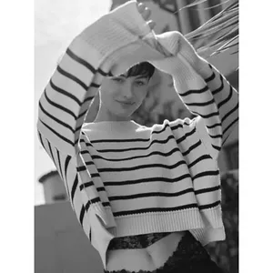 Free People Easy Street Stripe Crop Pullover Medium Cream Black Coastal Preppy thumbnail 3