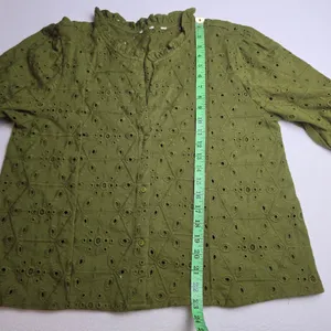 Unbranded 56R Olive‎ Green Eyelet Lace Ruffle Neck Puff Sleeve Cotton Blouse L thumbnail 5