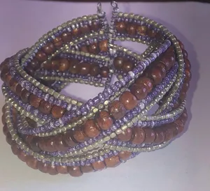 Wooden Beaded Brown & Purple Boho Wrap Cuff Bracelet thumbnail 2