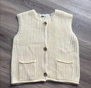 Cream Knit Cardigan Vest Womens Casual Sweater with Gold Buttons thumbnail 1