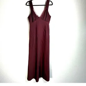 Wayf M burgundy slip dress long maxi lace trim V-neck Satin Ox Blood Women thumbnail 4