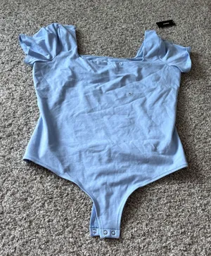 Express Body Contour Light Blue Square Neck Short Sleeve Bodysuit XL NWT thumbnail 1