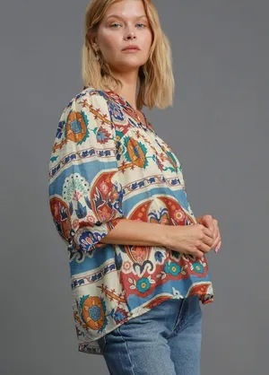 Umgee Bohemian Puff Sleeve Patterned Colorful V-Neck Blouse thumbnail 3