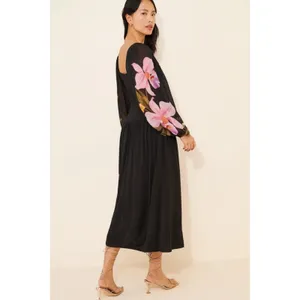 FARM Rio Embroidered Goddess Orchid Floral Long Sleeve Midi Dress Black Small thumbnail 6