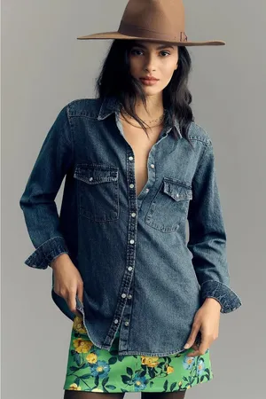 Anthropologie PILCRO Dannie Classic Denim Shirt Western Snap Puff Sleeve XXS thumbnail 1