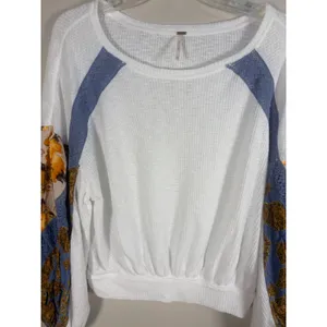 Free People Waffle knit Top XS White Excellent Mixed Media Floral Balloon Sleeve thumbnail 7