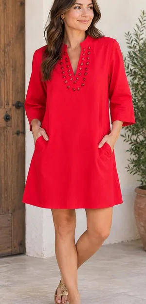 Caryn Lawn Red Embellished V-Neck Pocketed Mini Dress Size 2 (6-12) thumbnail 1