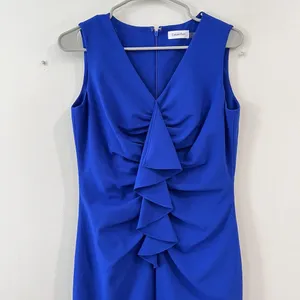 Calvin Klein Royal Blue Ruffle V Neck Sleeveless‎ Shift Dress Size 6 thumbnail 3