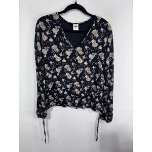 Old Navy XXL Black Floral‎ V-Neck Top Women's Long Sleeve Cinch Cuff thumbnail 4