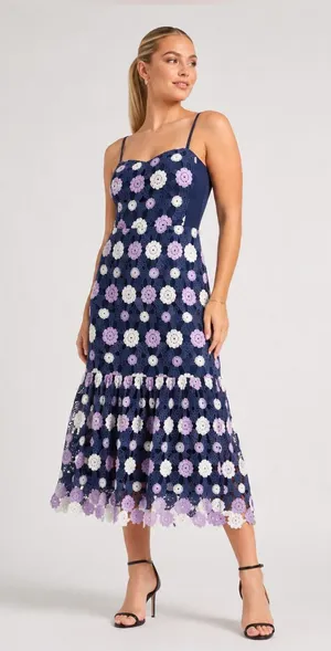 Just Me Navy Floral Crochet Midi Dress with Lavender and Cream Accents Navy Floral M thumbnail 1