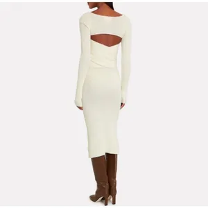 The Line by K Kane Knit Midi Dress Cream M Cutout Back Tied Waist Wrap V Neck thumbnail 3