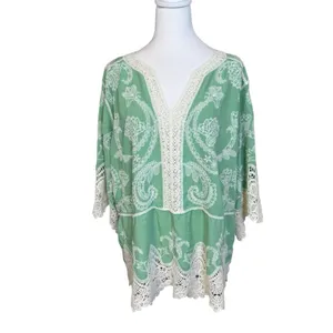 Democracy Green Embroidered Crochet Lace Boho Tunic Top Blouse Size 2X Festival thumbnail 2