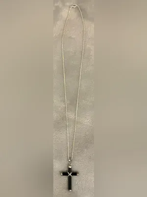 Unisex Black Cross Pendant Necklace Silver Tone Chain Gothic Religious Jewelry thumbnail 4