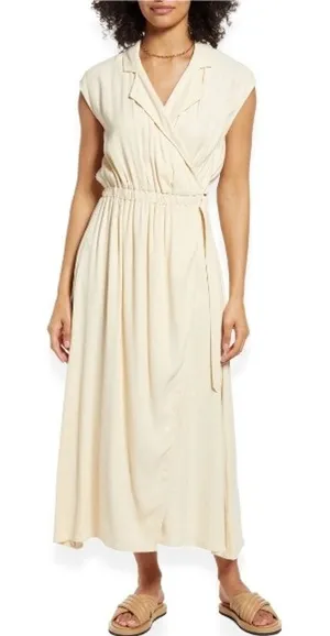 Halogen Midi Wrap Dress Notch Lapel Sleeveless Elastic Waistband Cream W 1X NWT thumbnail 1