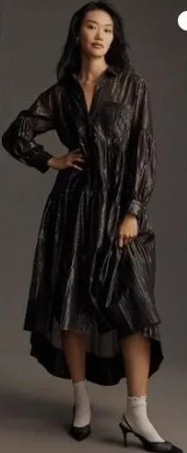 Pilcro Dress Tiered Shirtdress Medium Sheer Black Silver‎ Shimmer Long Sleeve thumbnail 1