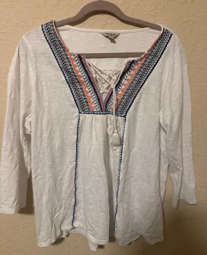 Lucky Brand White Peasant Top with Blue and Coral Trim thumbnail 1