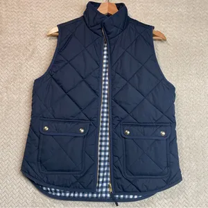 J.Crew Womens S Navy Blue Puffer Zip Up‎ Vest Gingham Print Snap Buttons Preppy thumbnail 1