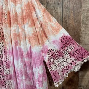 Democracy Tie Dye Crochet Kimono 1X Plus Lace Duster Swim Cover Up Pink Orange thumbnail 5