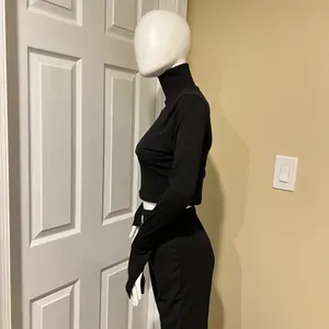 Knit Two Pieces Set Crop Top Mock Neck Blouse High Waist Flare Pants High Rise thumbnail 4