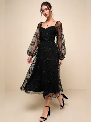 NWT Lulus Darling Charisma Black Mesh Embroidered Midi Dress S thumbnail 4