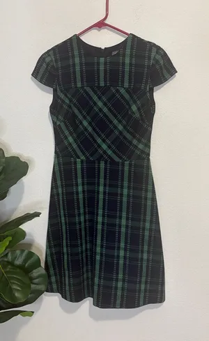 Vince Camuto Green Plaid Cap-Sleeve Fit & Flare Dress 4 thumbnail 1