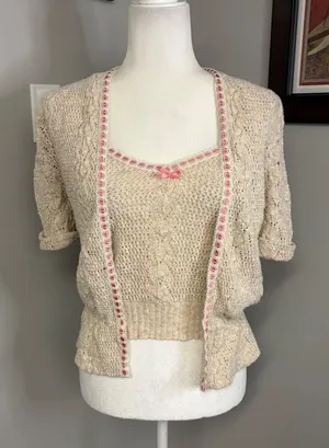 Vintage Style Crochet Knit Cardigan and Camisole Set Beige Pink Ribbon Trim thumbnail 1