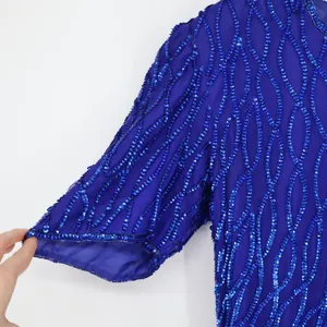 Vintage Silk Sequin Evening Gown Maxi Dress Lined Blue Elegant Zipper M/L 19"P2P thumbnail 7
