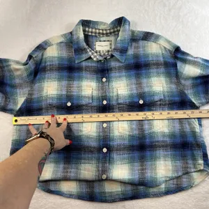 American Eagle Sz L‎ Light Flannel Shirt Cropped Boxy Oversized Plaid Button Up thumbnail 11