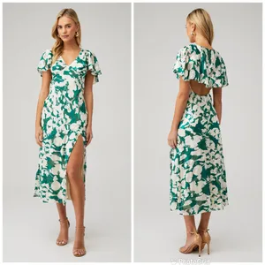 ASTR‎ the Label Velvet Burnout Midi Dress XS Green Floral Open Back Thigh Slit thumbnail 3