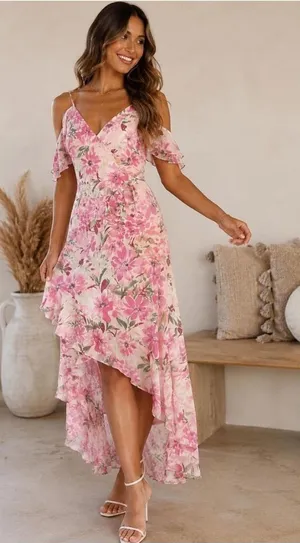 Lulus Watch Me Grow Pink Floral Cold Shoulder Hi-Low Ruffle Hem Midi Maxi Dress thumbnail 1