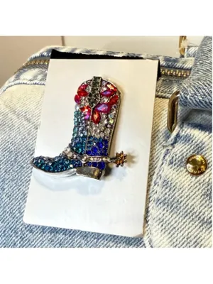 NEW Cowboy Boot Rhinestone Brooch Pin Western Bag Charm Blue Red Crystal NWT thumbnail 4