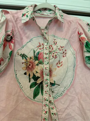 A loves A Pink Floral Button-Up Womens Blouse with Puff Sleeves thumbnail 3