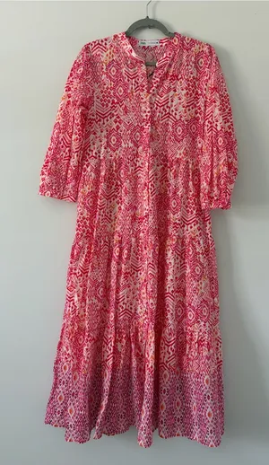 Zara Pink Red Ikat Geometric Print 3/4 Sleeve Tiered Skirt Boho Maxi Dress NWOT thumbnail 1