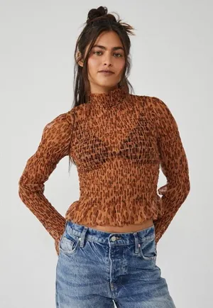 FREE PEOPLE Sheer Leopard Print Smocked Long Sleeve Top Mock‎ Neck Size XS New thumbnail 1