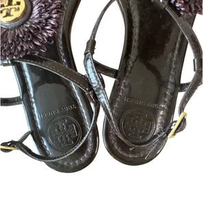 Tory Burch Raffia Flower T-Strap Sandals Espresso Gold Size 7‎ thumbnail 6