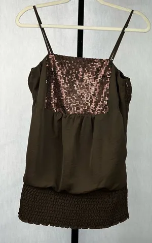 Lulumari Tank Top Womens Medium Brown Sequins Front Smocking Waist Satin Blouse thumbnail 1
